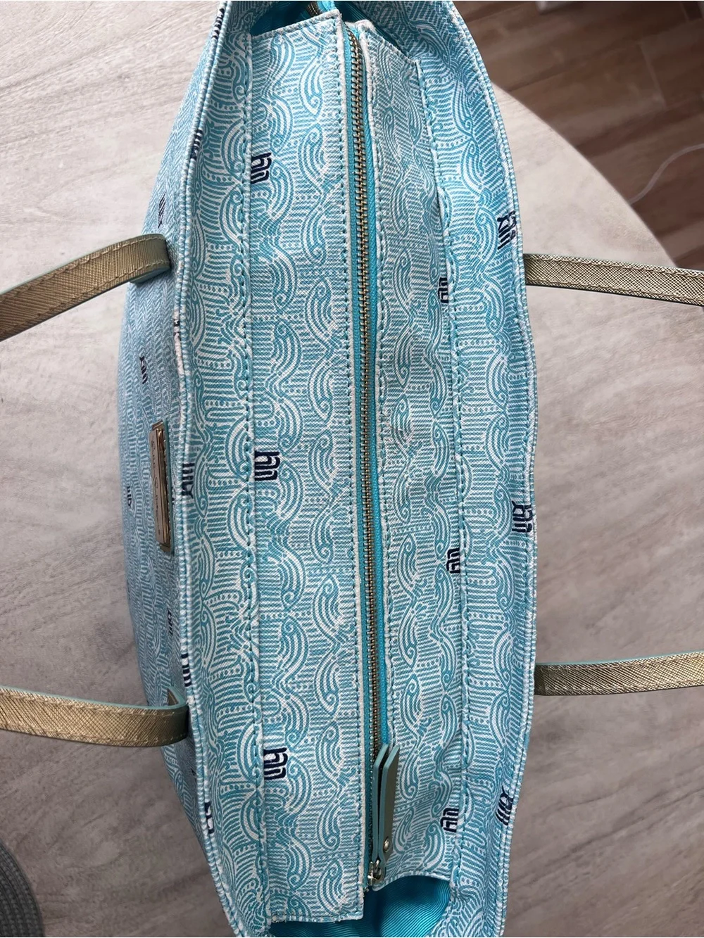 Lilly Pulitzer Shorely Blue Patterned Resort Tote with Gold Straps